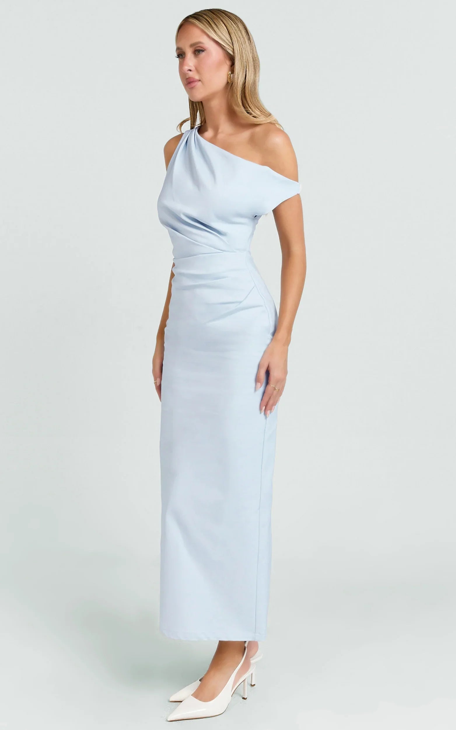 Alexandria Midi Dress Tip Shoulder Draped Fitted Dress in Blue