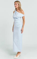 Alexandria Midi Dress Tip Shoulder Draped Fitted Dress in Blue