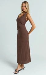 Murray Midi Dress Deep U Halter Neck Dress in Chocolate