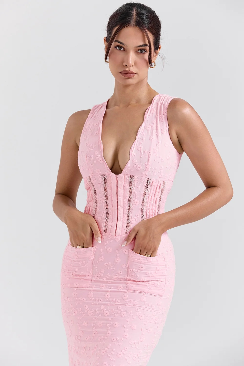 perfectly pink broderie anglais plunge maxi dress