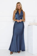 Glitz Gathering Halter Satin Maxi Dress Navy