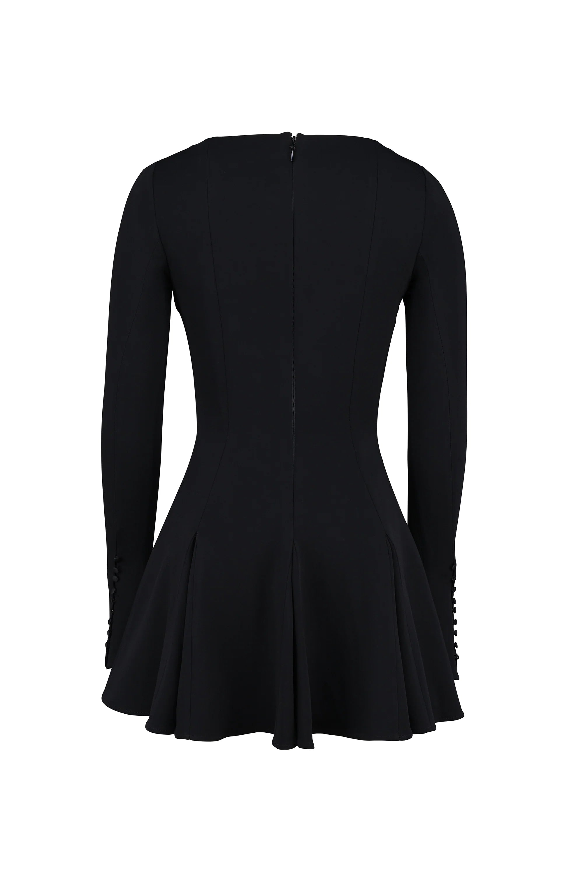black stretch crepe godet mini dress