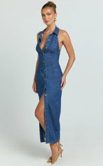 Olga Midi Dress Denim Collared Button Down Bodycon Dress in Mid Blue Wash