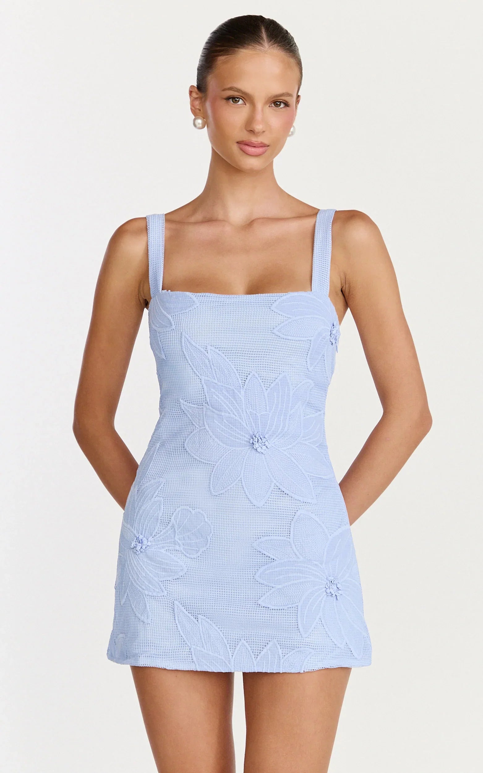 Sienna Mini Dress Square Neck Floral Embroidered A Line Dress in Blue