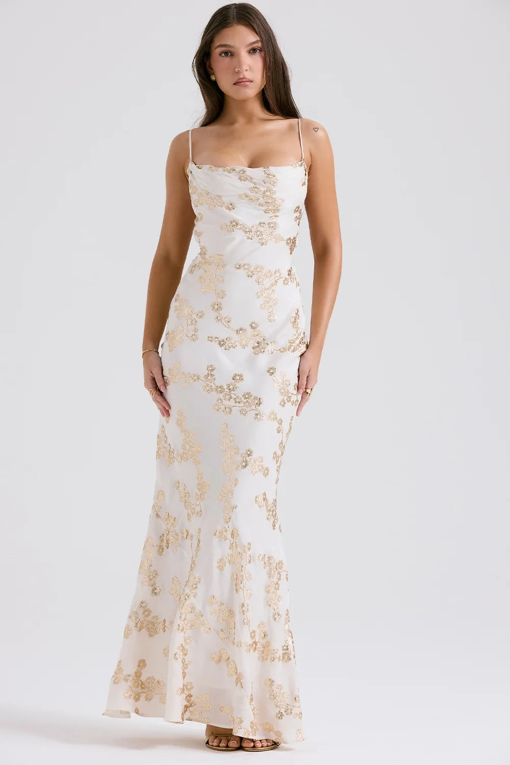 white gold jacquard satin gown