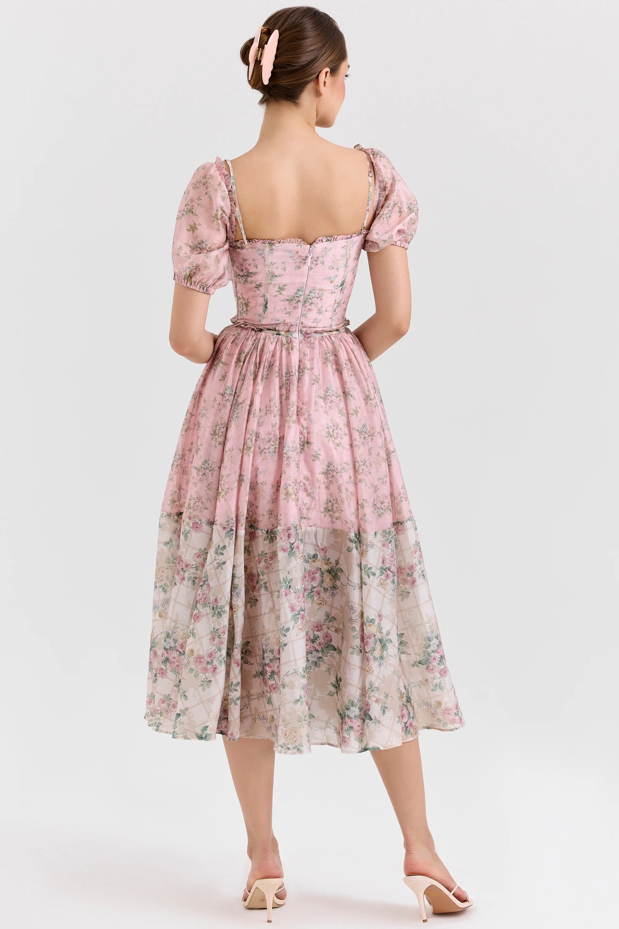 pink floral chiffon midi dress