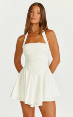 Anya Mini Dress Halter Neck Gathered Top Drop Waist Fit And Flare Dress in White