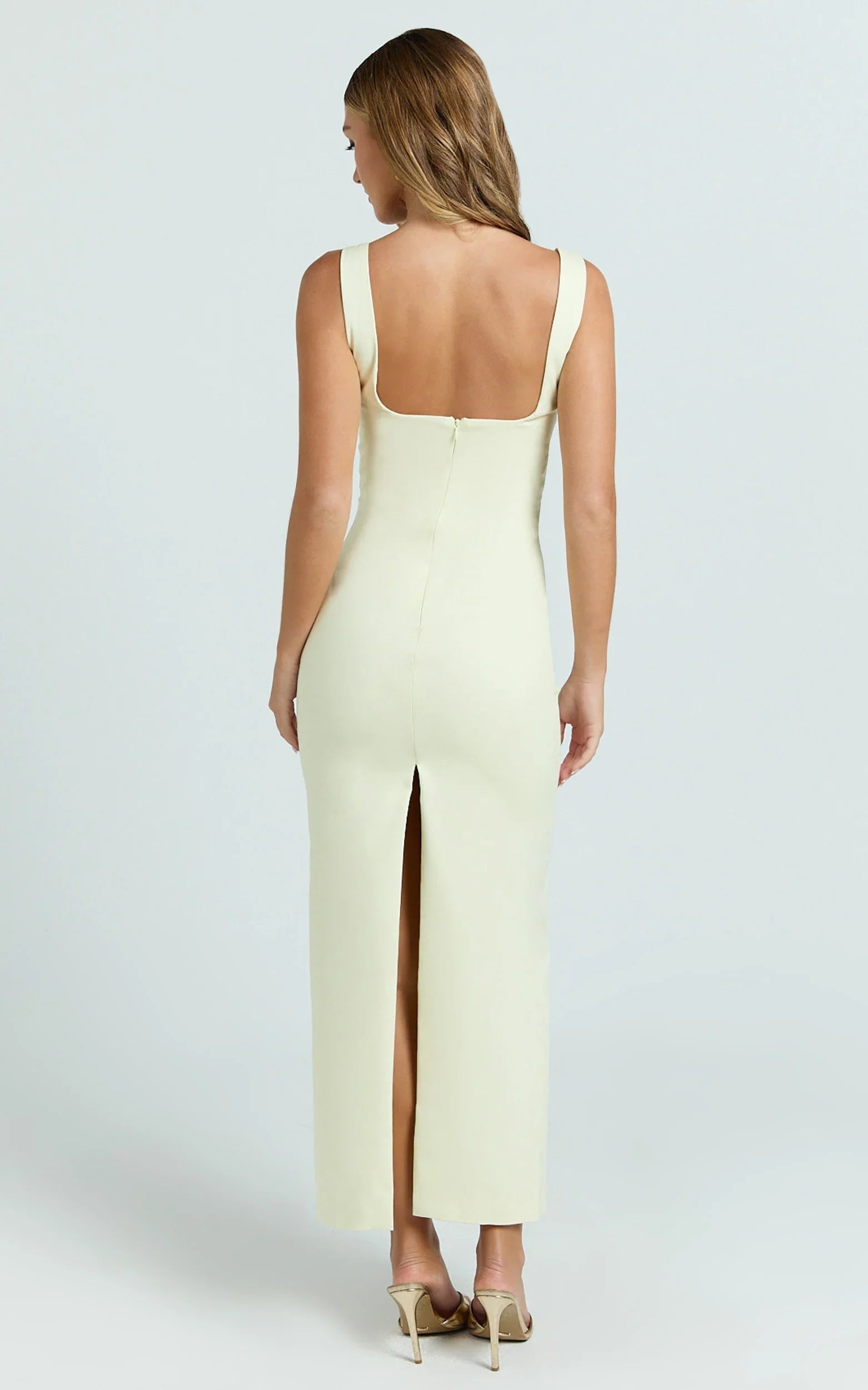 Benita Midi Dress Scoop Neck Ruched Fitted Dress in Lemon