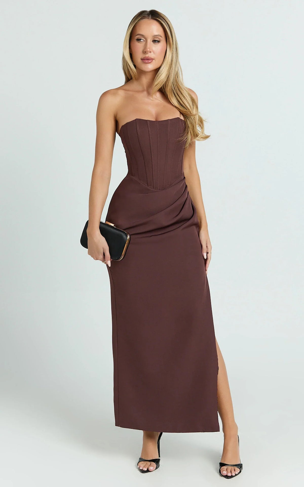 Avery Midi Dress Strapless Draped Side Split Dress in Chocolate