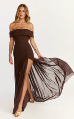 Florence Maxi Dress Off Shoulder Sheer Skirt Dress in Chocolate