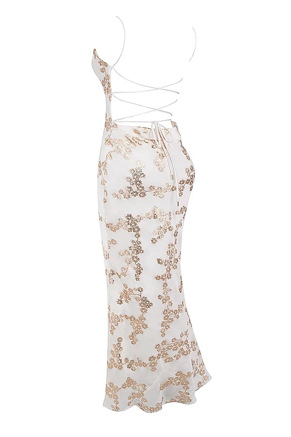 white gold jacquard satin gown