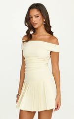 Daisy Mini Dress Off Shoulder Ruched Pleated Skirt Dress in Cream