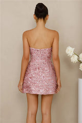 Exquisite Charm Tweed Sequin Strapless Mini Dress Pink