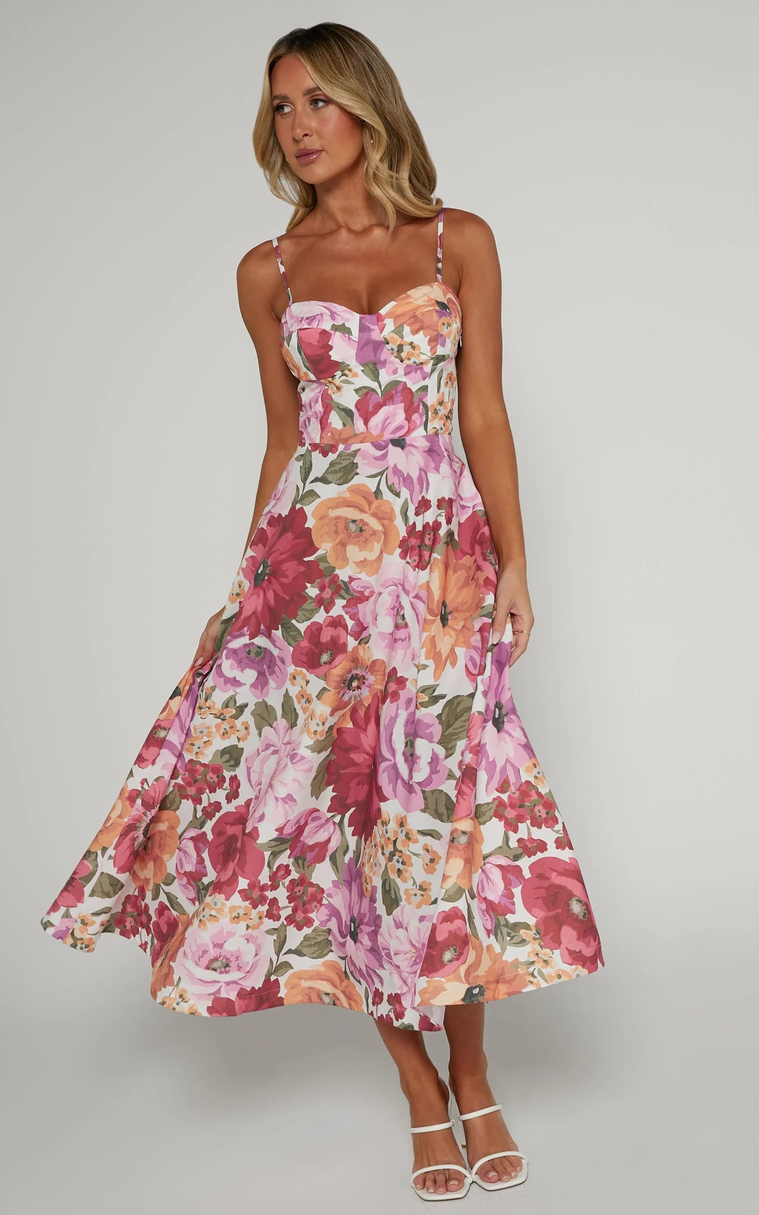 Robertson Midi Dress Strappy Sweetheart Bustier Flare Dress in Spring Floral