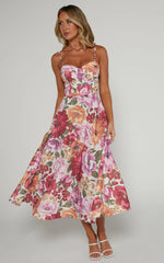 Robertson Midi Dress Strappy Sweetheart Bustier Flare Dress in Spring Floral