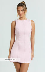 Olenna Mini Dress High Neck Fitted Denim Dress in Pink