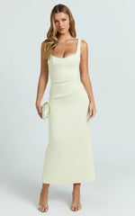 Benita Midi Dress Scoop Neck Ruched Fitted Dress in Lemon