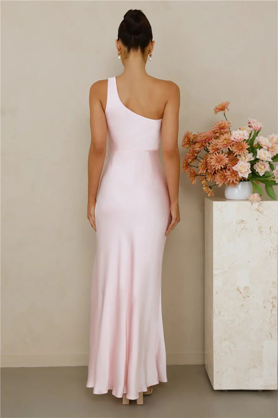 The Aurora One Shoulder Satin Maxi Dress Pink