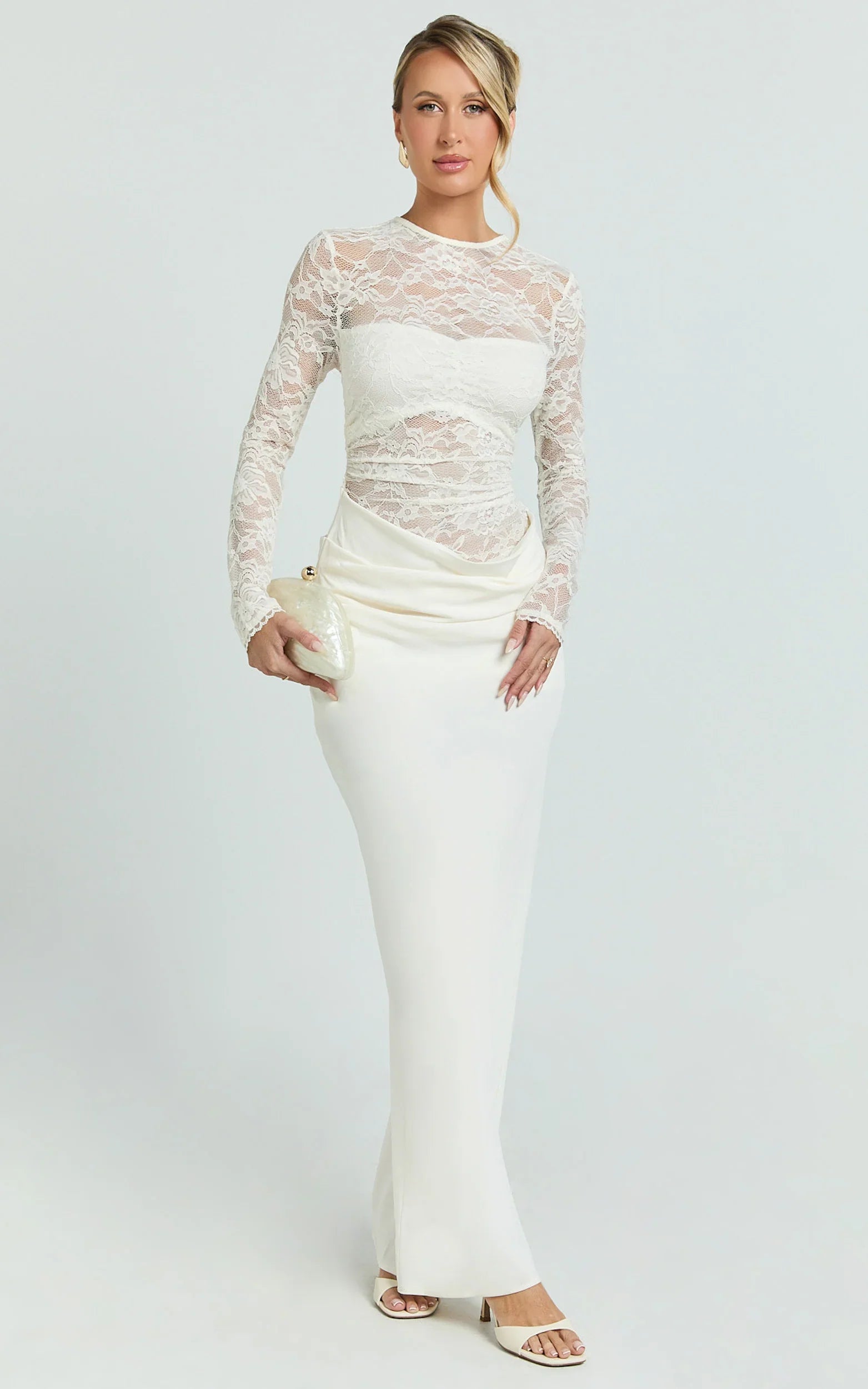 Crisanta Maxi Dress Long Sleeve Contrast Lace Bodycon Dress in Ivory
