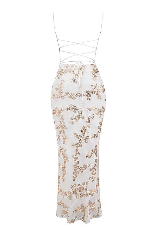 white gold jacquard satin gown