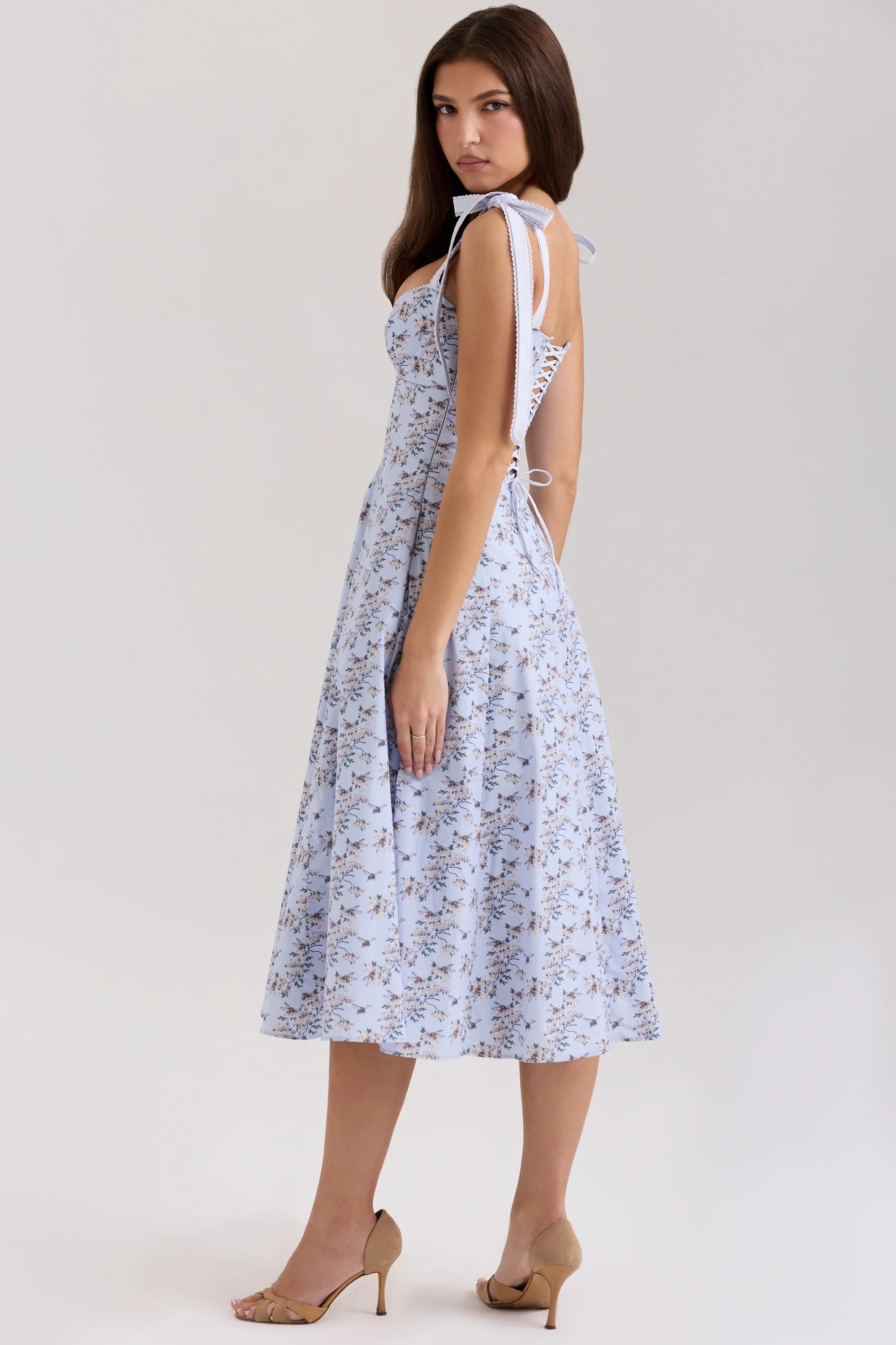 blue floral print stretch cotton midi sundress