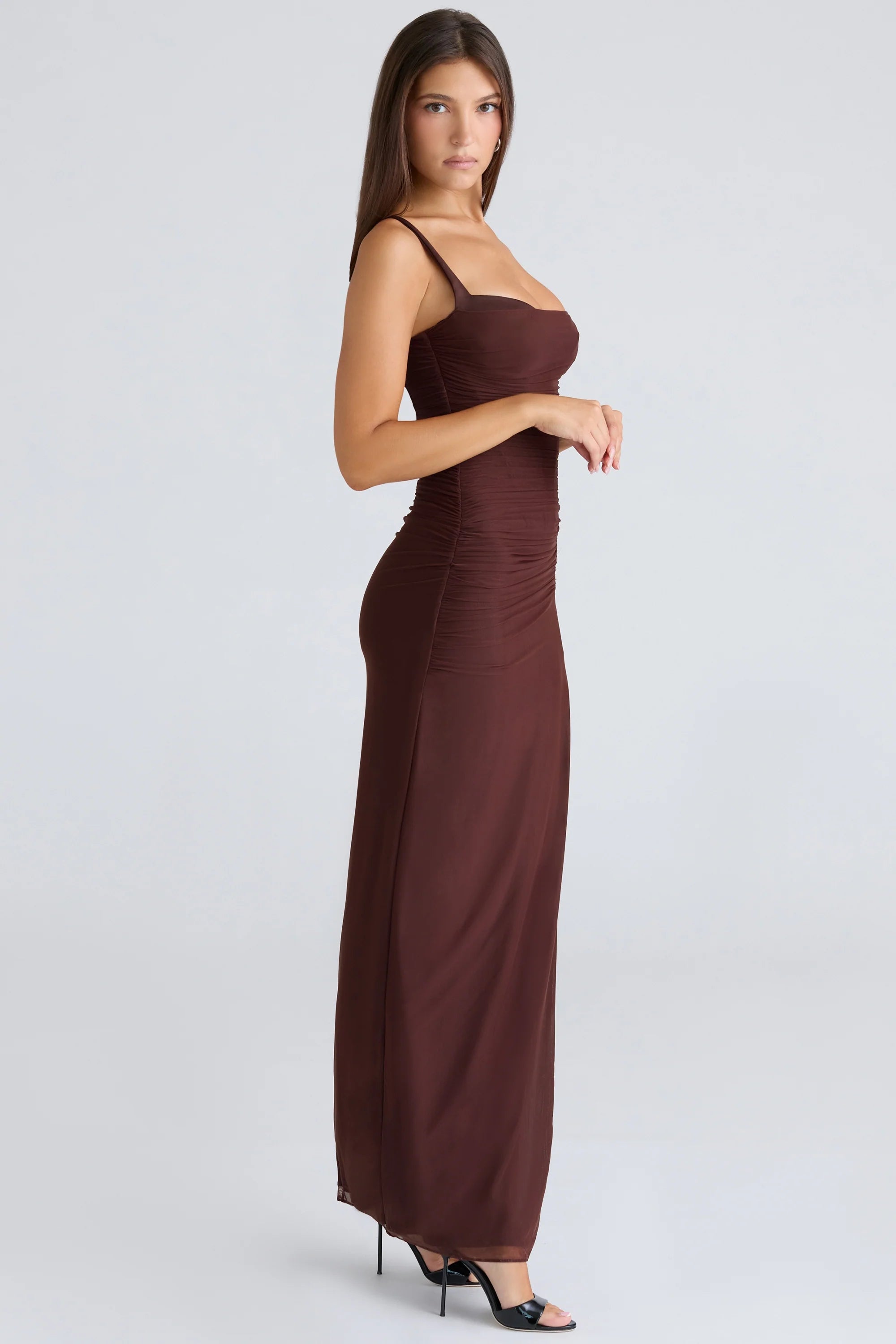 burgundy stretch mesh maxi dress
