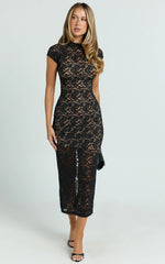 Emma Midi Dress Lace Cap Sleeve Bodycon Dress in Black