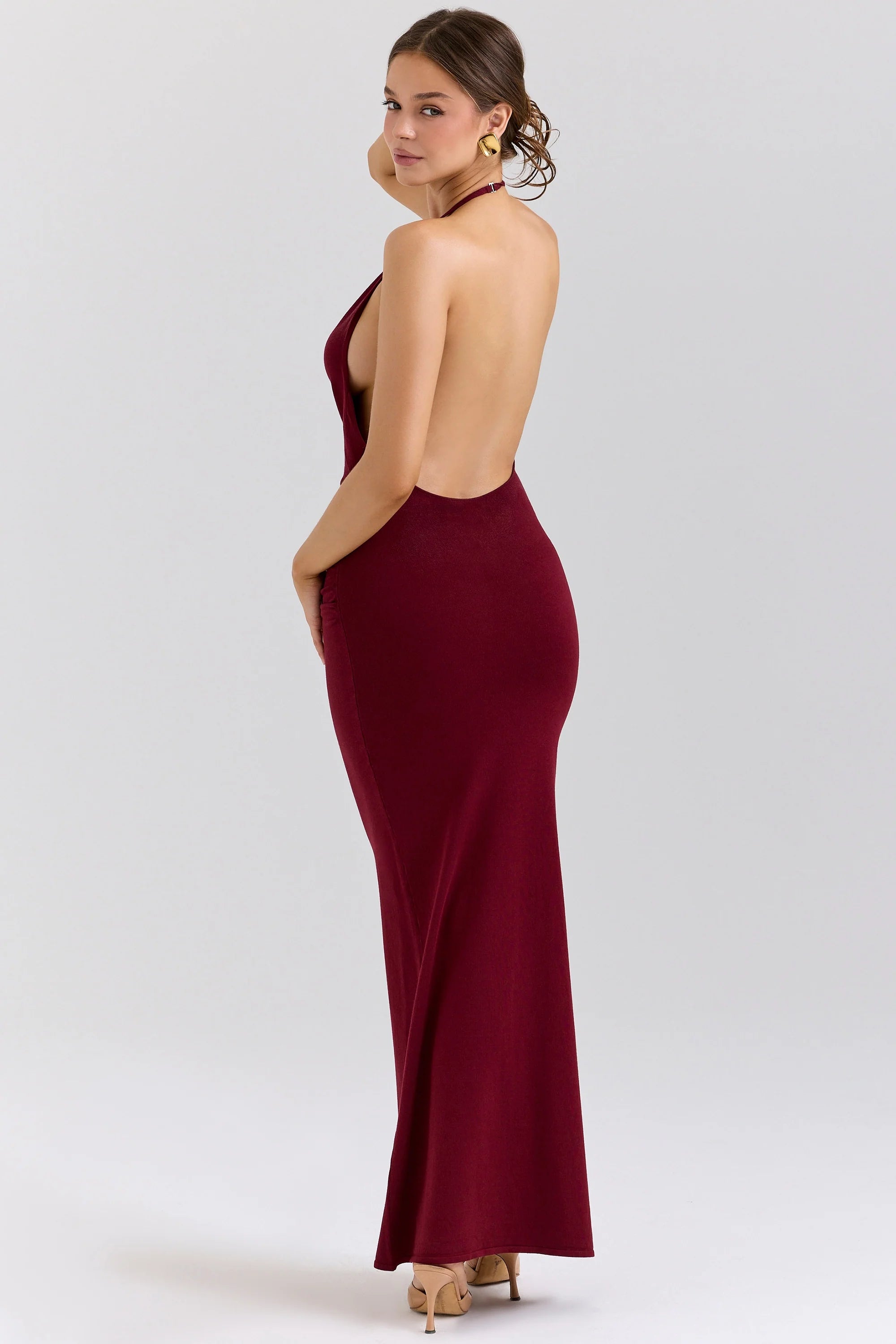 wine draped halter neck maxi dress