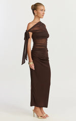 Astrid Midi Dress Asymmetrical Off Shoulder Tie Detail Dress in Chocolate