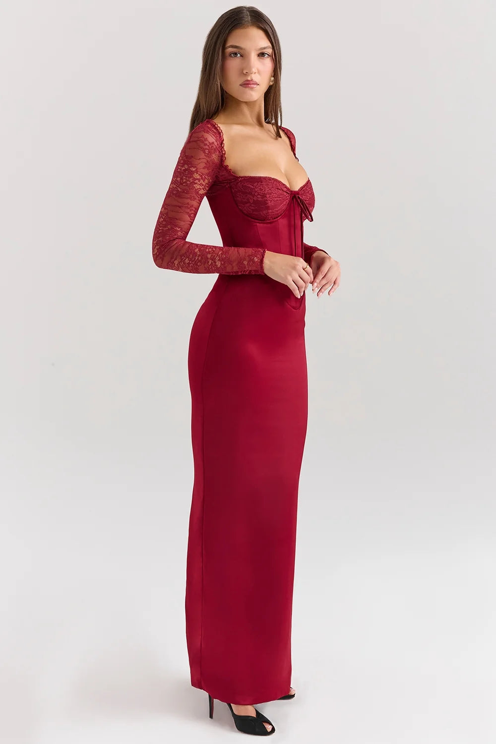 berry satin maxi dress with corset