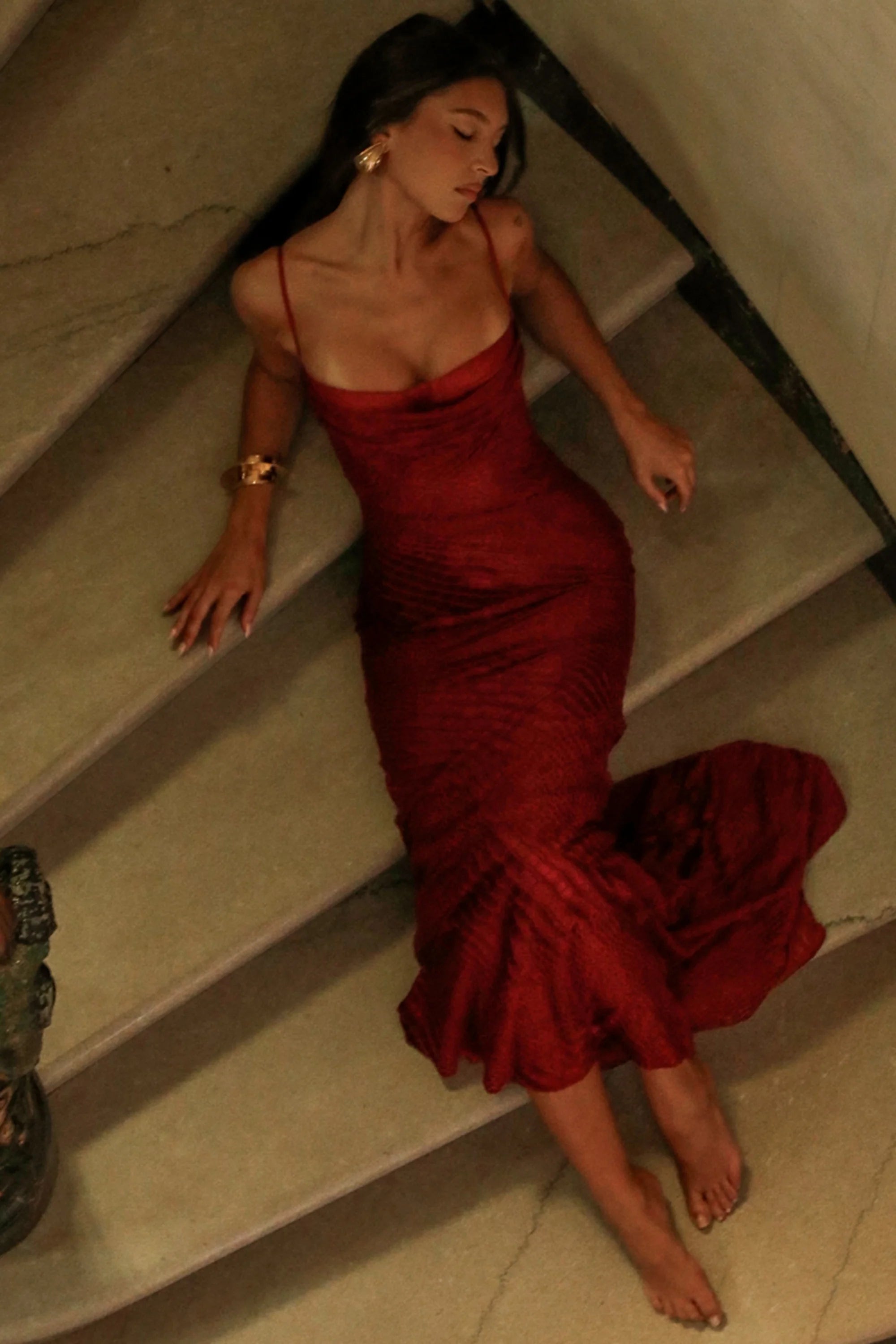 deep red devoré satin maxi gown limited edition