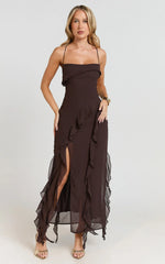 Connie Midi Dress Ruffle Detail Dress in Chocolate