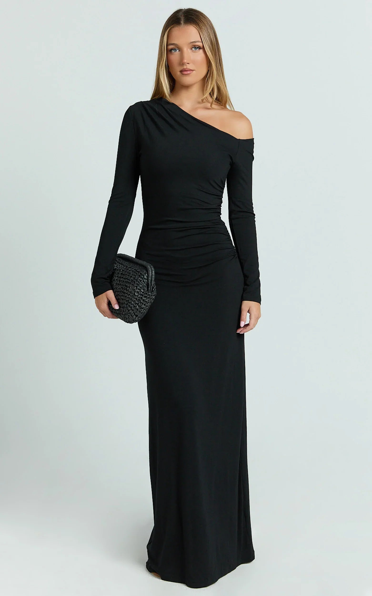 Milly Maxi Dress Asymmetrical Off Shoulder Long Sleeve Side Ruching Maxi Dress in Black