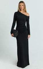 Milly Maxi Dress Asymmetrical Off Shoulder Long Sleeve Side Ruching Maxi Dress in Black