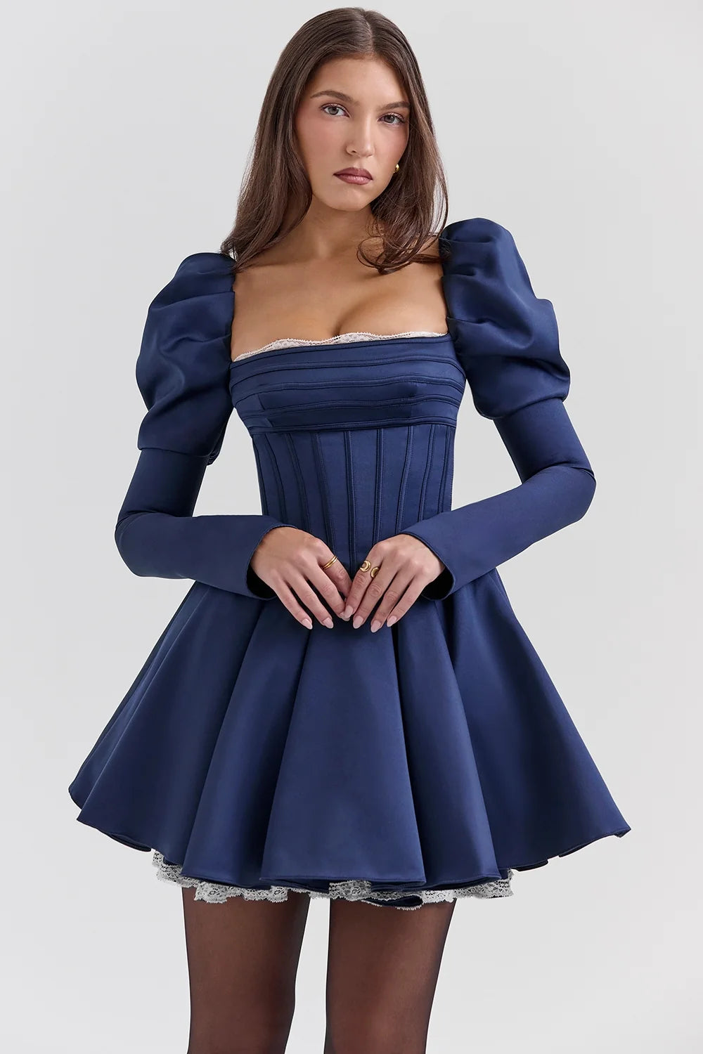 midnight satin puff sleeve mini dress sale
