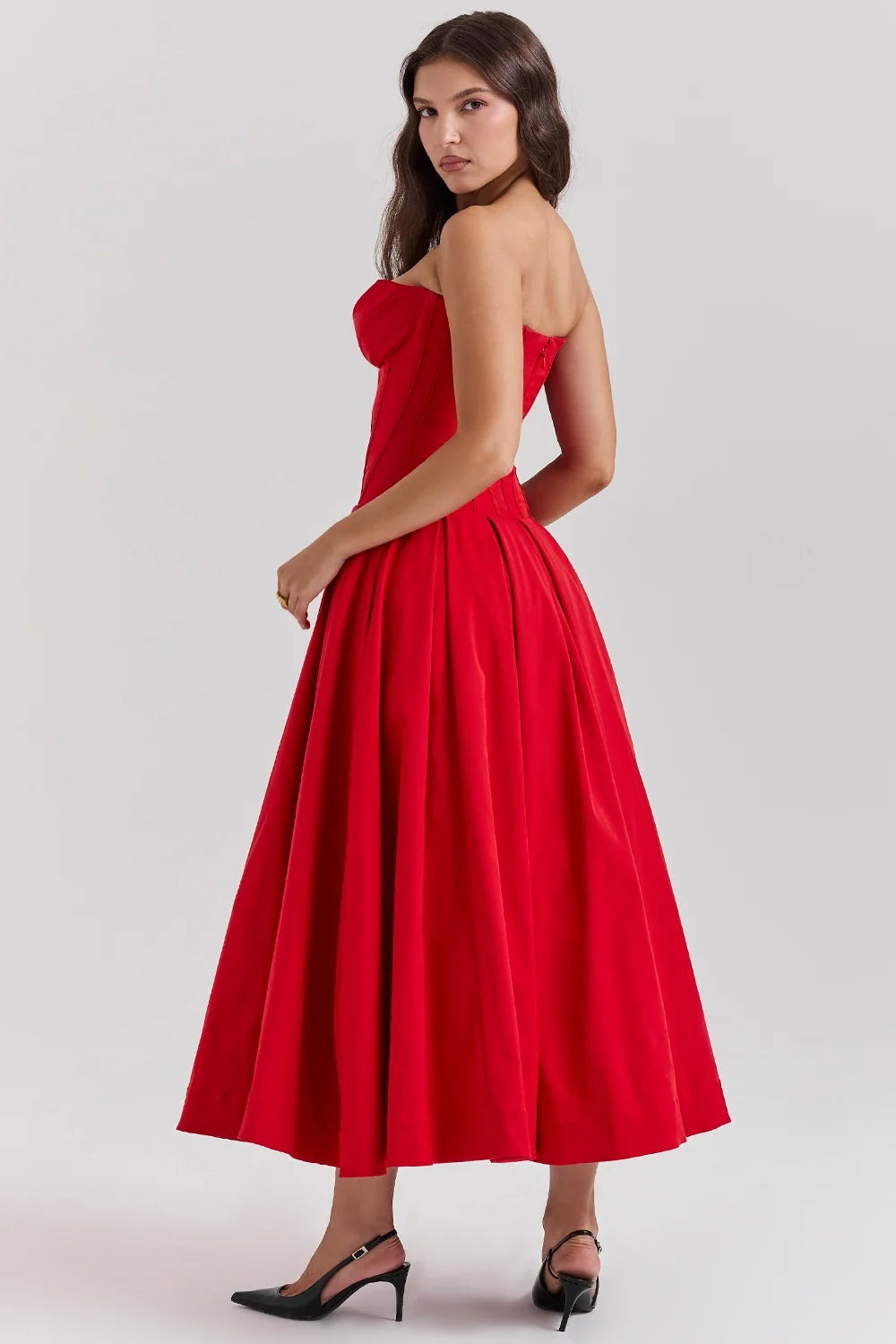 scarlet strapless midi dress