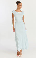 Jadey Midi Dress Cap Sleeve Pleated Dress in Pale Blue