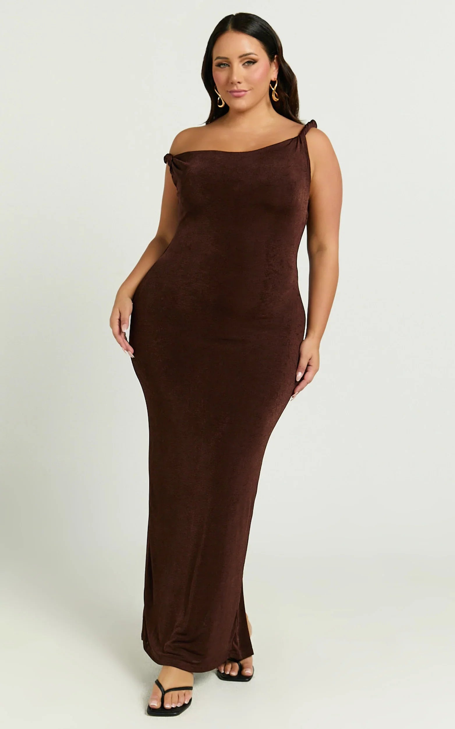 Isabel Midi Dress Twist Off Shoulder Bodycon Dress in Chocolate
