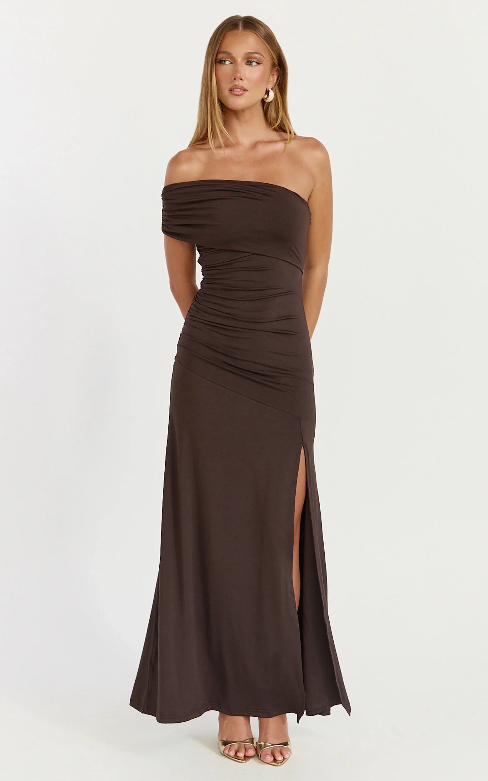 Opal Maxi Dress Off Shoulder Gathered Bodice Fit And Flare Dress in Dark Chocolate