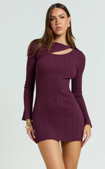 Zoya Mini Dress Long Sleeve Bodycon Dress in Wine