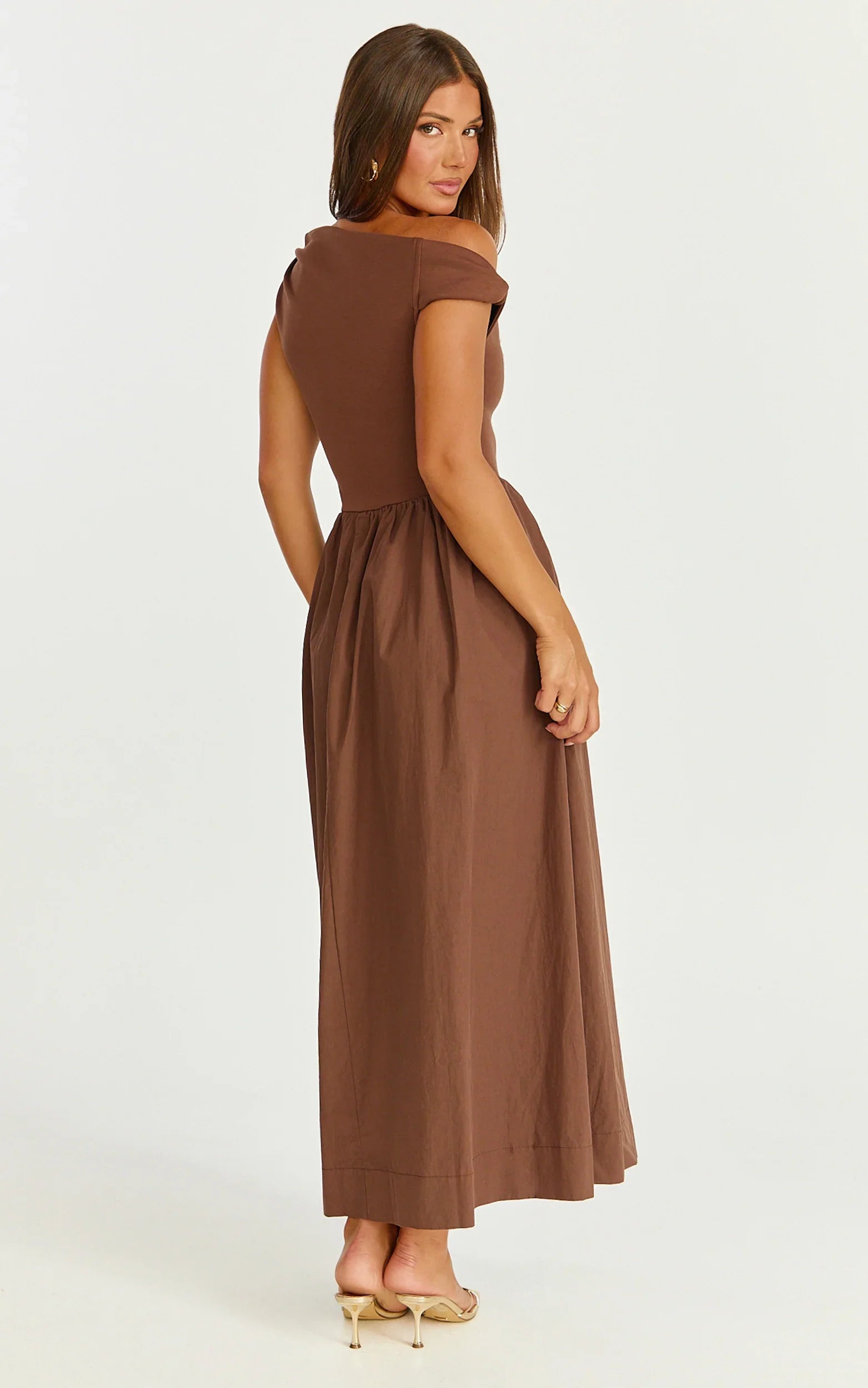 Jhamie Midi Dress One Shoulder Contrast Skirt Dress in Chocolate