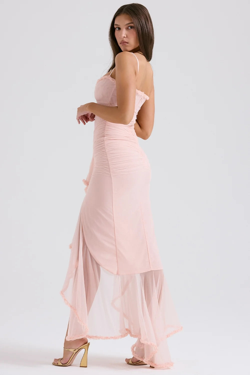 soft peach ruffled front gown
