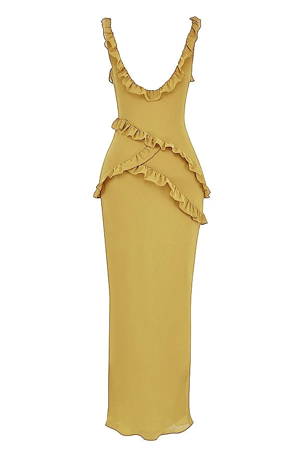 olive ruffle maxi dress