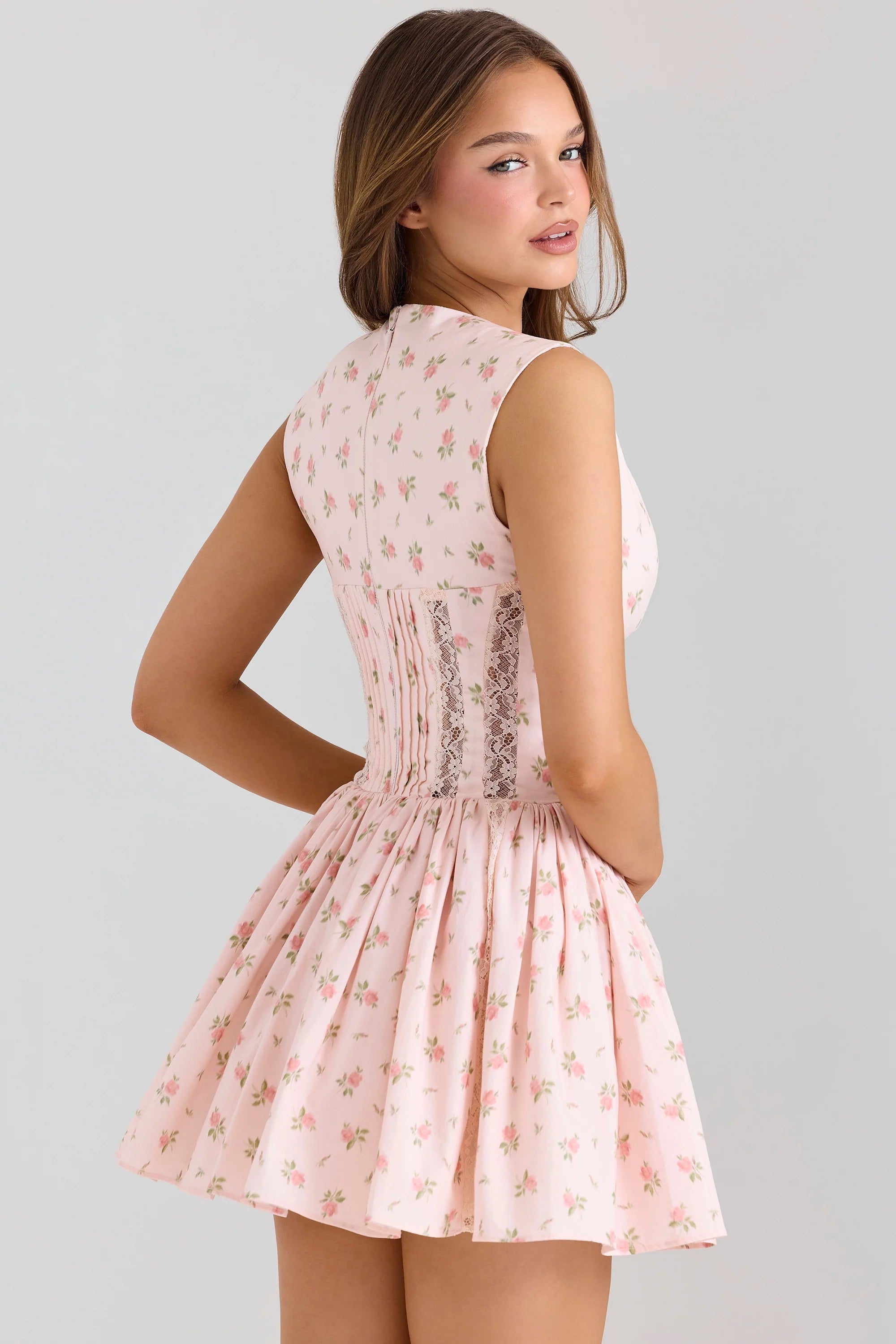 pink stretch cotton floral print mini dress