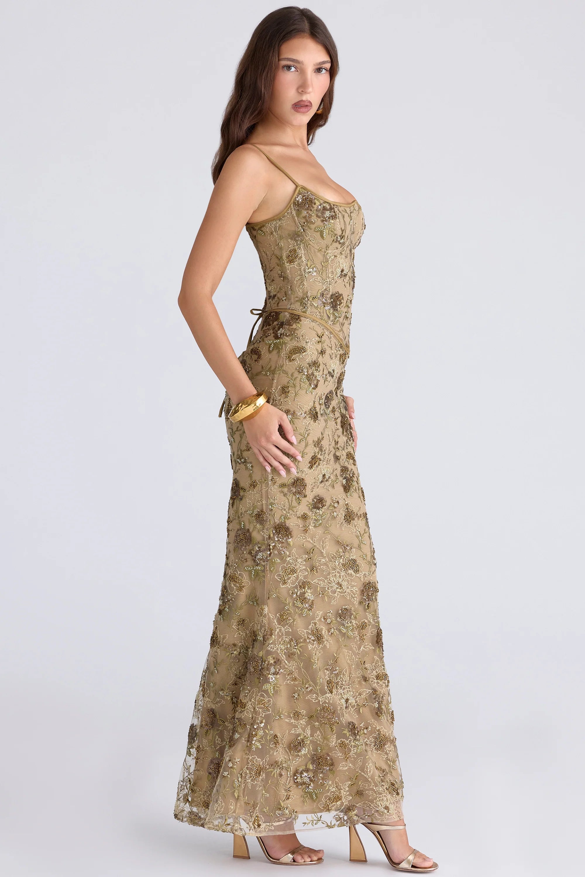 olive bronze hand beaded embellished corset maxi dress limited edition