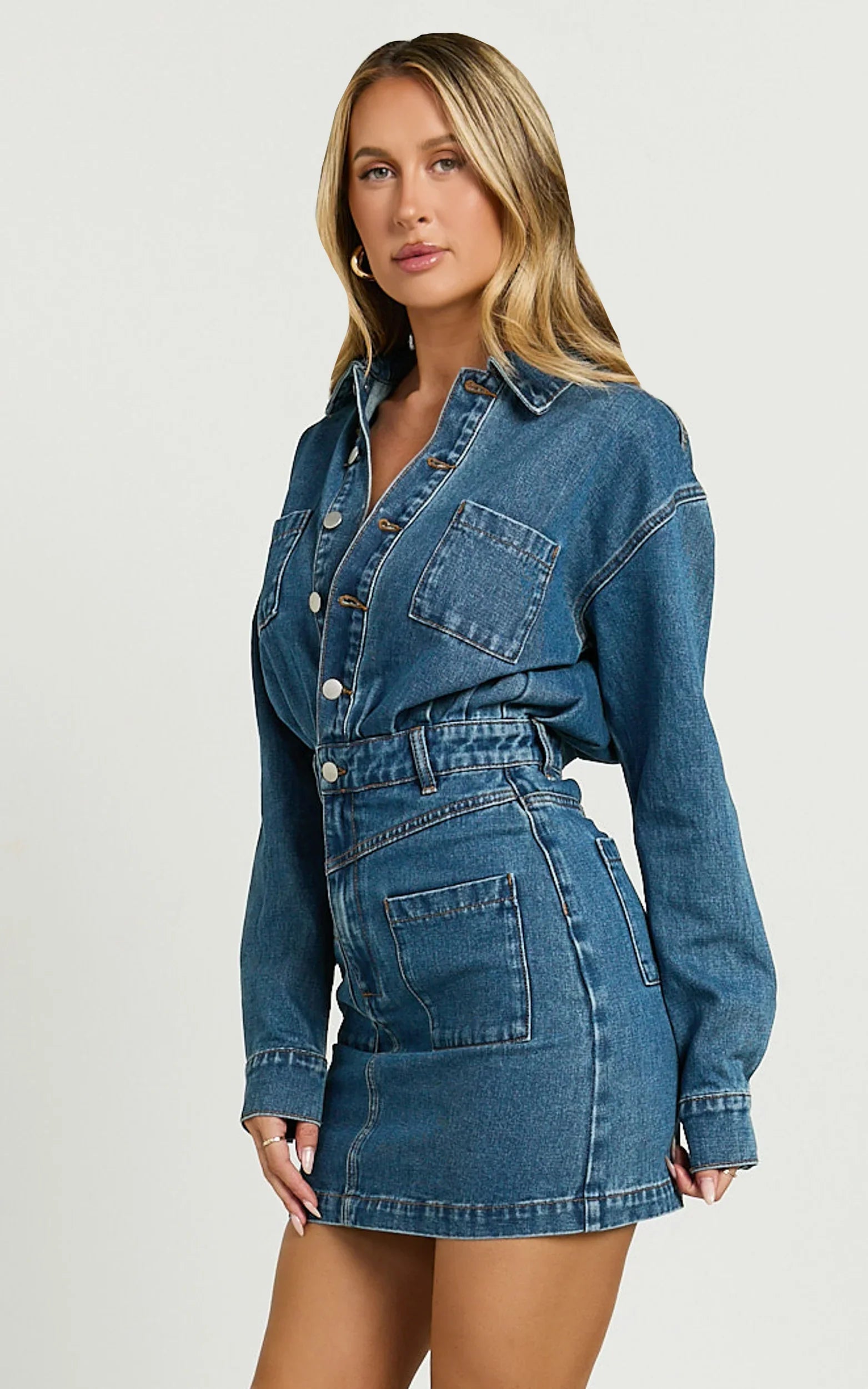 Kamala Mini Dress Long Sleeve Button Through Denim Dress in Dark Blue Wash