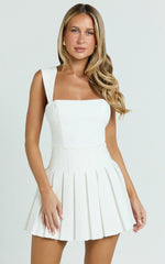 Wallace Mini Dress Square Neck Wide Strap Drop Waist Pleated Dress in White