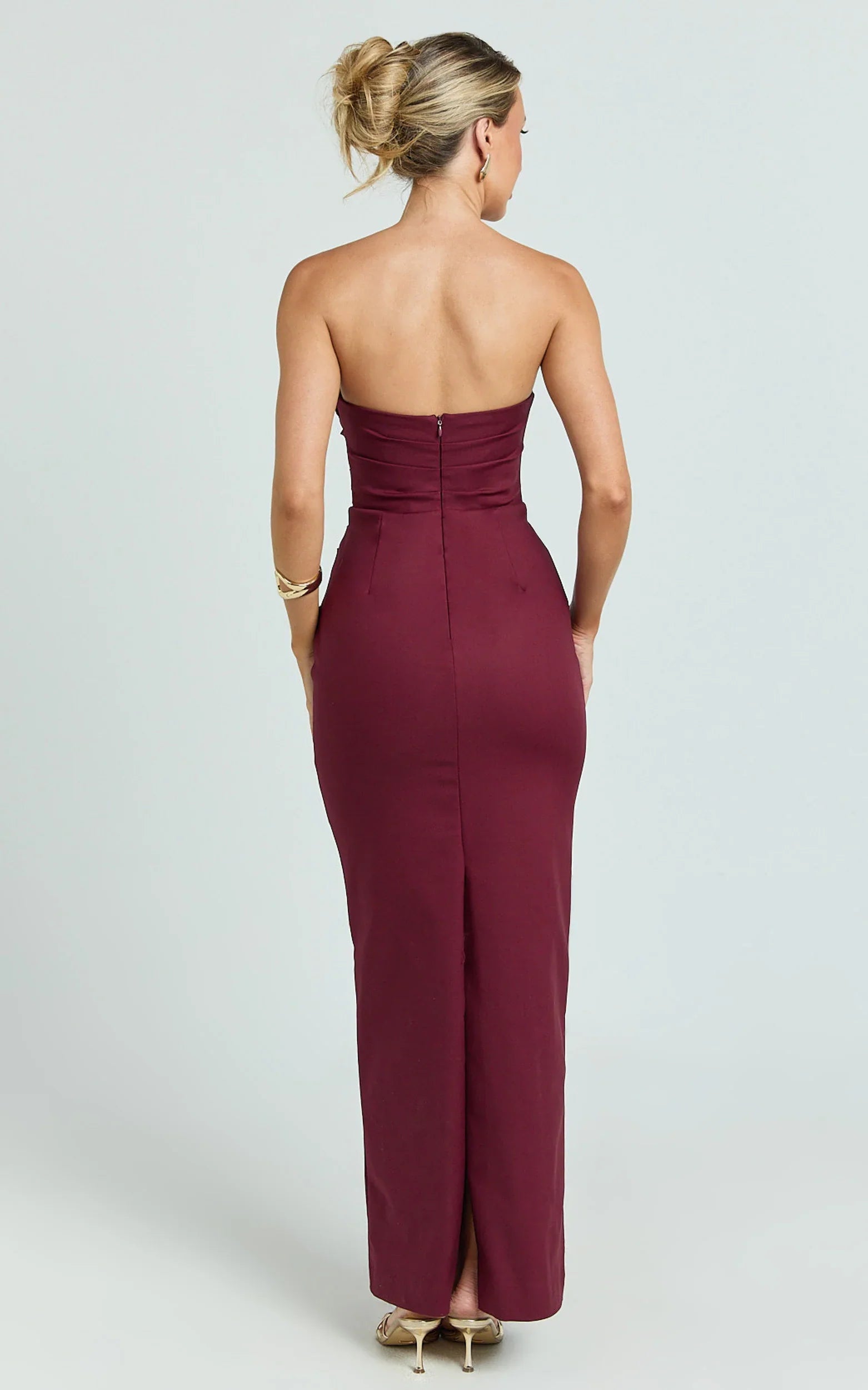 Jamie Maxi Dress Strapless Ruched Fitted Column Dress in Wine