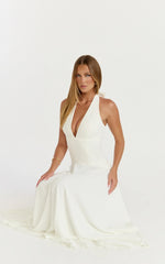 Poppy Maxi Dress Contrast Skirt Deep Plunge Halter Dress in Off White