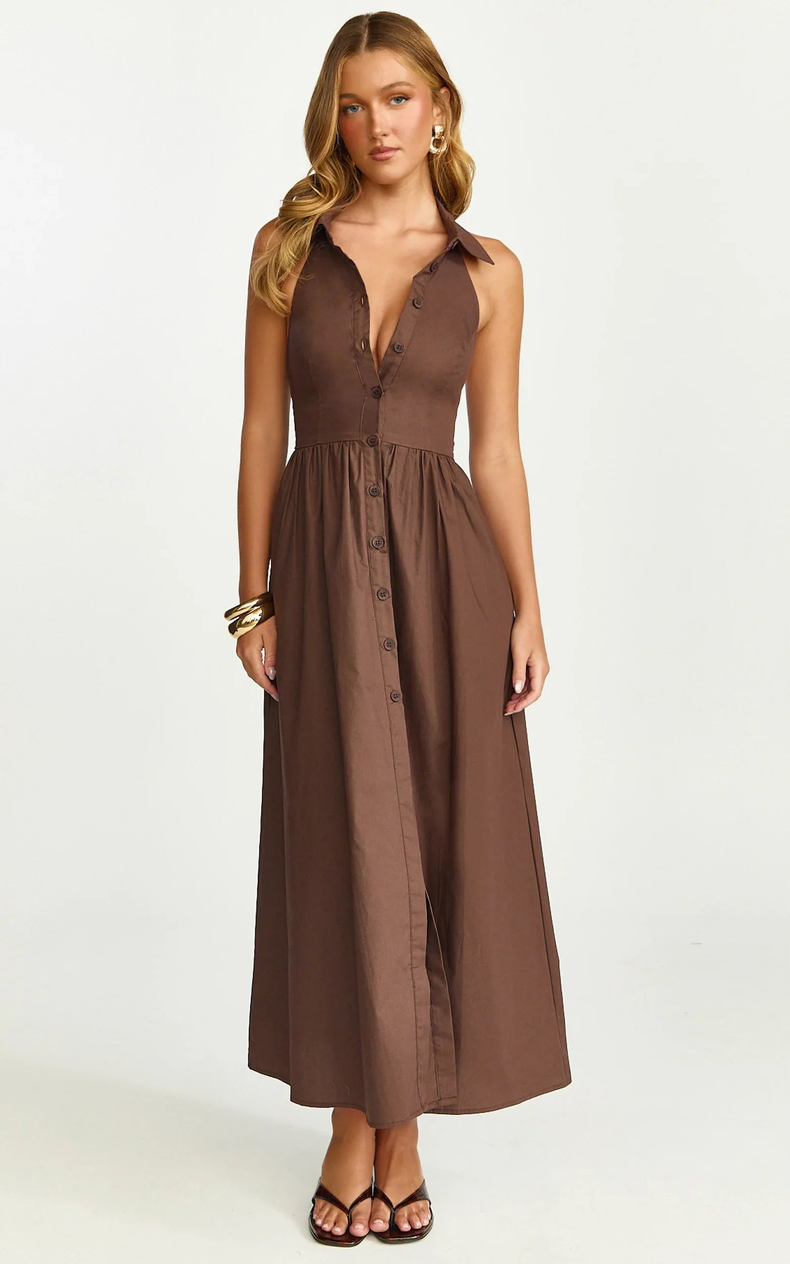 Ruby Midi Dress Collared Button Down Gathered Waist Skirt Fit And Flare Dress in Dark Chocolate